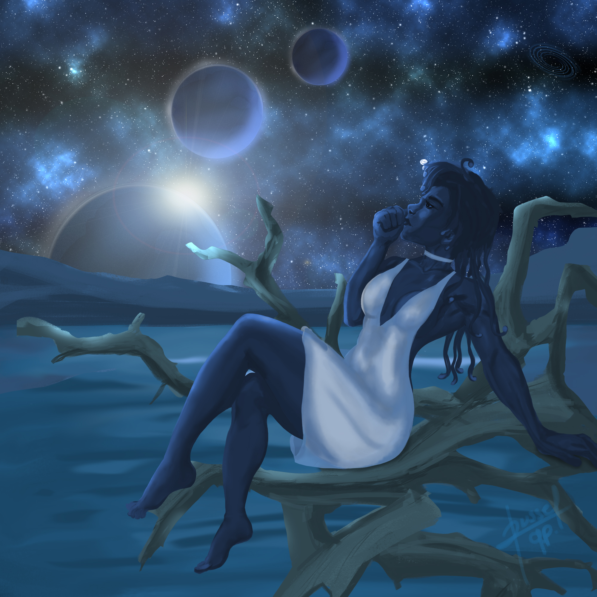 mujer en un planeta misterios mirando a las estrellas